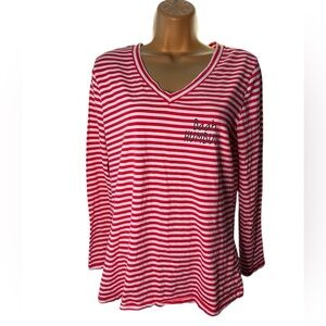 Christmas Sleep Sense Striped Pajama Top Graphic V-Neck Red White M